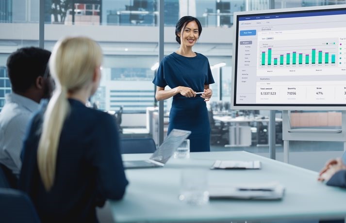 Colaboradores durante uma reunião tratando sobre os resultados positivos obtidos graças à eficiente gestão empresarial.