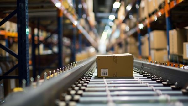 Produto em esteira após ser embalado para se juntar aos outros no estoque