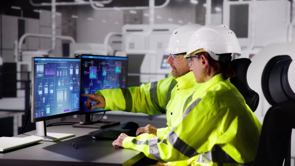 Colaboradores utilizando softwares para avaliar desempenho das atividades da indústria