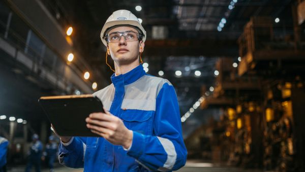 Colaborador com tablet na mão área industrial supervisionando desempenho de máquinas de automação