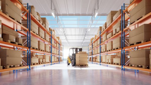Empilhadeira e prateleiras com diversas caixas representando estoque de empresa equilibrado após uso de takt time