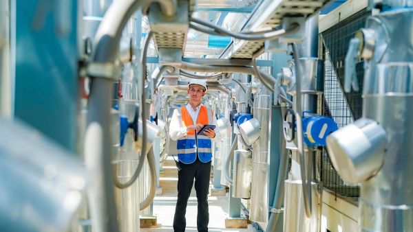 Técnico fazendo inspeção de manutenção preventiva de equipamentos de indústria com tablet nas mãos