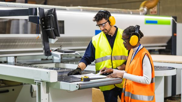 Colaboradores utilizando informações de MVP para trabalhar melhor fabricação de novo produto de empresa