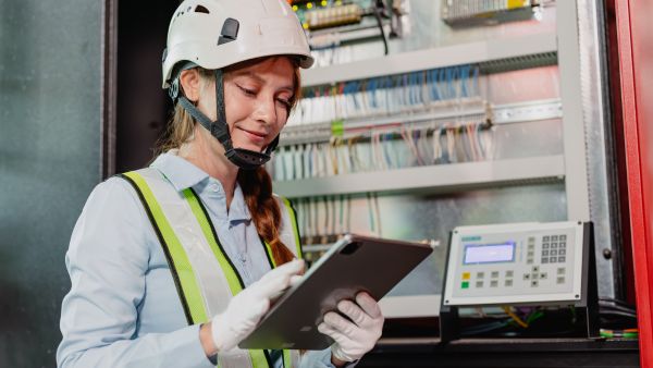 Colaborador de indústria operando máquina na confecção de produtos seguindo o programa no plano mestre de produção