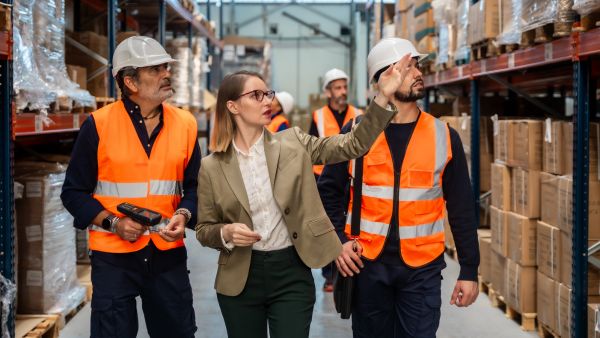 Líder de estoque orientando colaboradores sobre implementação de inventário rotativo